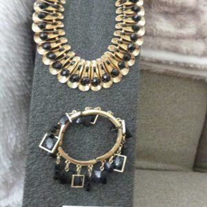 Vintage Black enamel gold tone necklace, bracelet and earrings